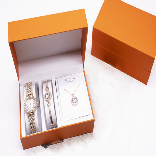 Rhinestone Watch Set With Bracelet And Necklace