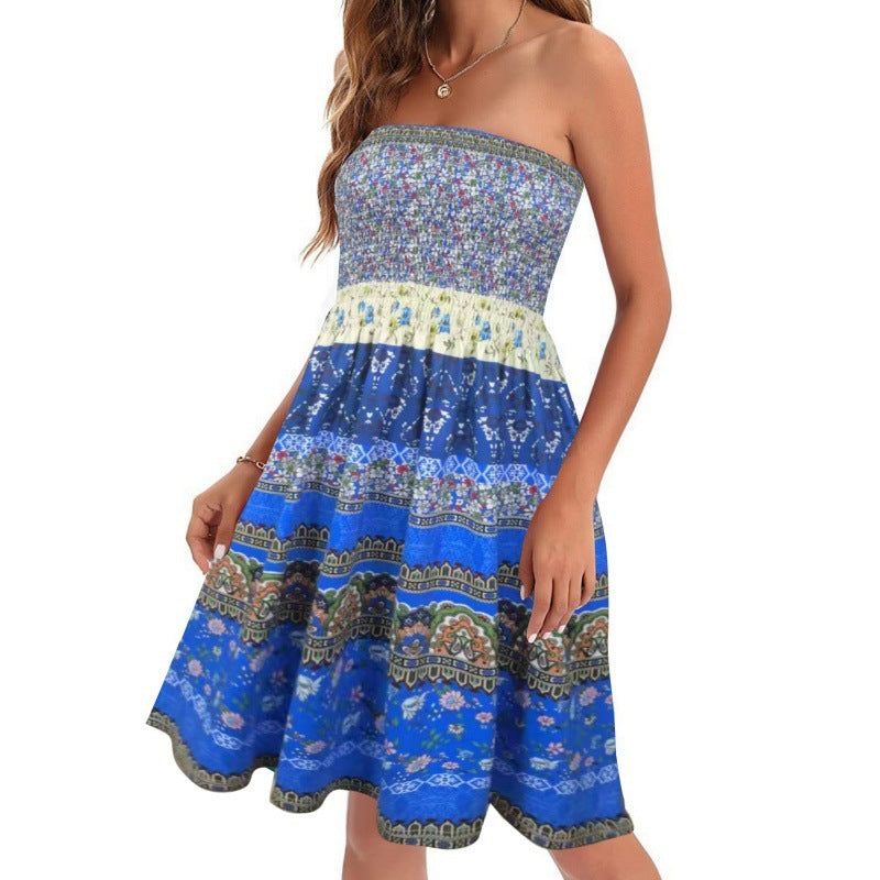 Spring And Summer New Fashion Printed Beach Vacation Sexy Tube Top Dress