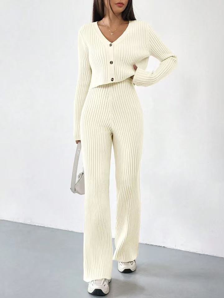Solid Color Knitted Two-piece Women's V-neck Short Knitted