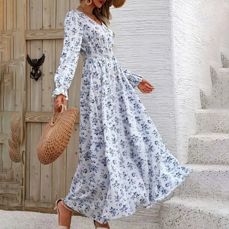 Women's V-Neck Floral Print Long Sleeve Elegant Bodycon Dress For Spring&Summer